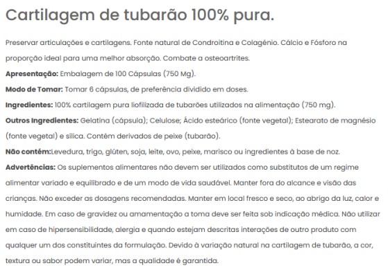 Cartilagem de Tubaräo, 100 cápsulas (750mg)