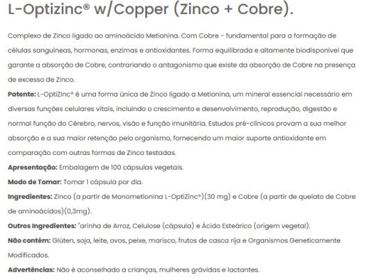 L-Optizinc® + Cobre, 100 cápsulas vegetais (30mg)