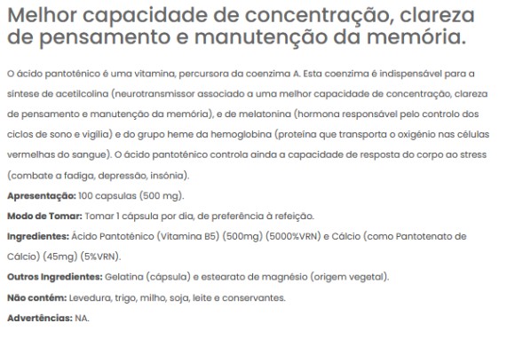 Pantothenic Acid B-5, 100 cápsulas (500mg)