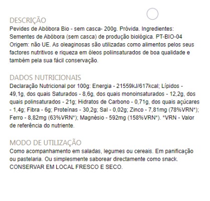 Pevides de Abóbora sem Casca Bio